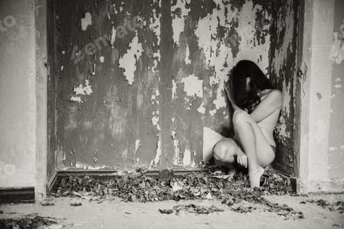 Preview: A lonely girl sits in a corner. Fear and shame. Black and white photography.