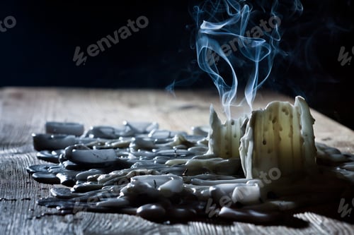 Preview: Blue smoke with candls on wooden shelf