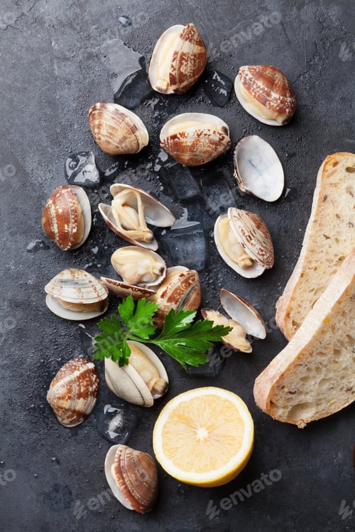 Preview: Fresh seafood on stone table. Scallops