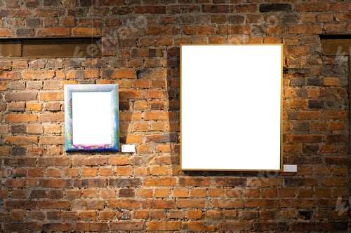 Preview: Blank picture frames on brick wall with glowing lamp, mock up