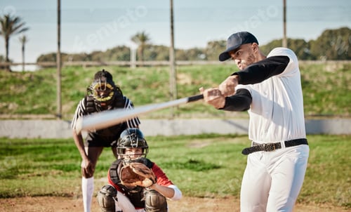 Preview: Baseball, bat and swinging with a sports man outdoor, playing a competitive game during summer. Fit