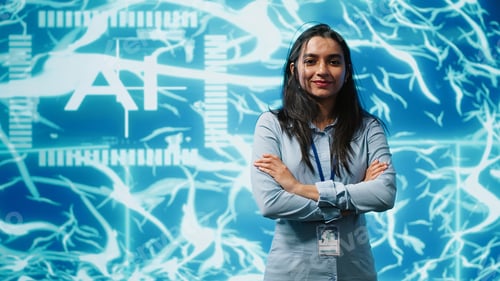 Preview: Portrait of smiling researcher in startup doing advancements in AI field