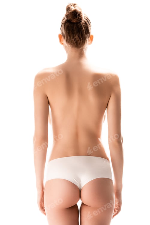 Preview: back view of woman standing isolated on white