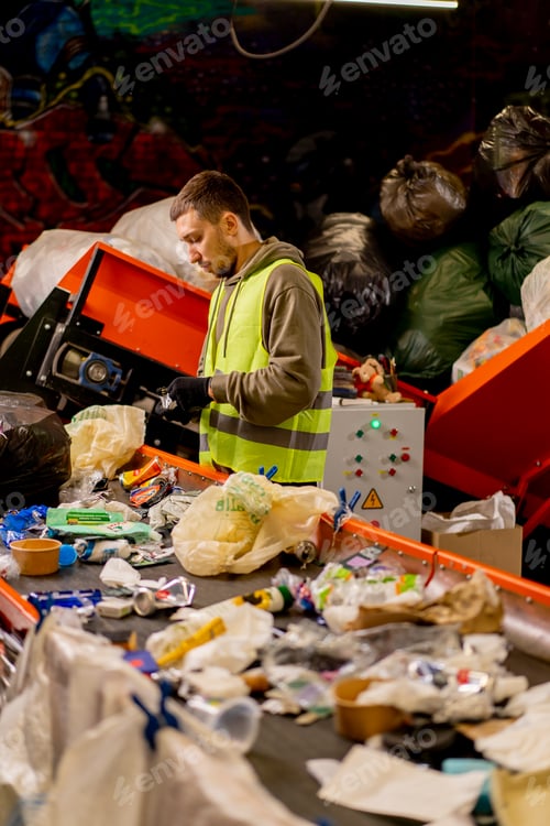 Preview: An employee in a uniform at a waste recycling station sorts and sorts garbage on sorting line