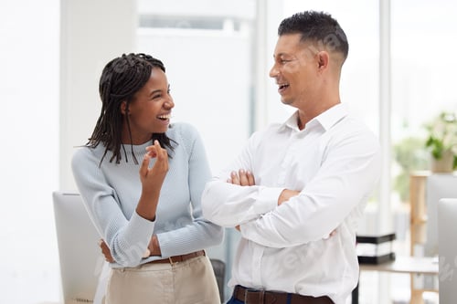 Preview: Diversity, office and work friends in conversation, talking and laughing together on break. Communi