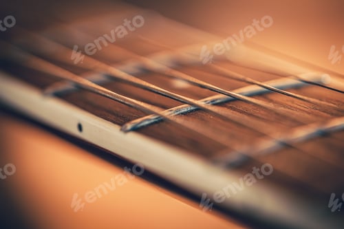 Preview: Strings on a classical acoustic guitar, macro shot.