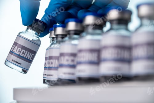Preview: Glass vials for vaccine in laboratory. Group of vaccine bottles. Medicine in ampoules.