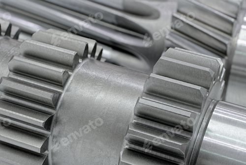Preview: Assorted steel gearwheels and shafts, parts of gear transmission