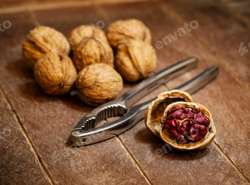 Preview: Red Danube Walnuts with silver nutcracker on wooden background