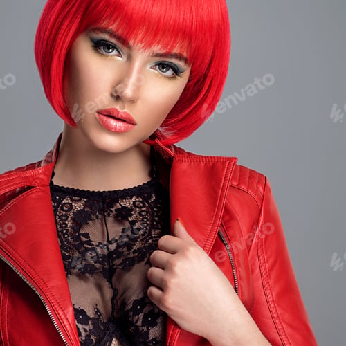 Preview: Beautiful sexy woman with bright red bob hairstyle. Fashion model.