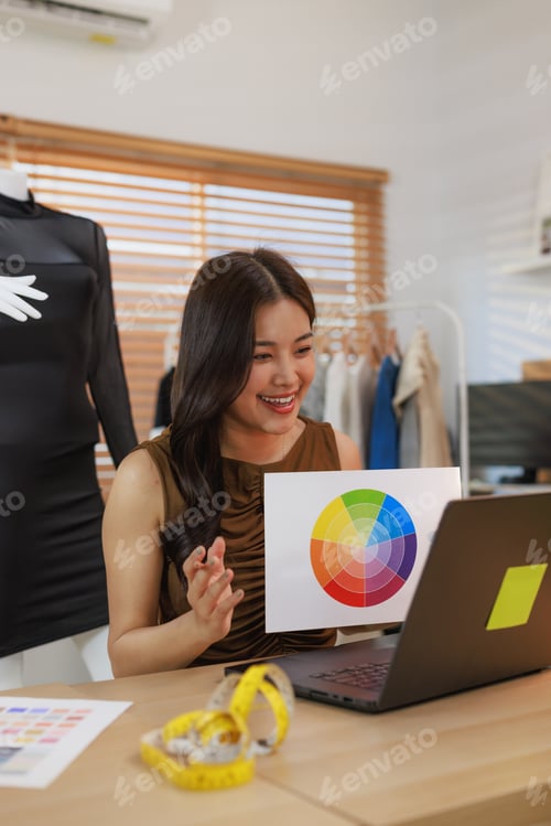 Preview: Woman presenting color wheel during online design video call