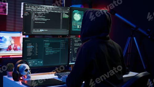 Preview: Hacker arriving in underground HQ, ready to start coding malware