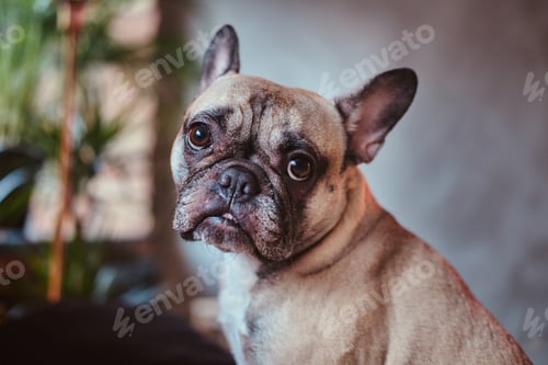Preview: Happy woman sitting with a cute pug in a room with loft interior