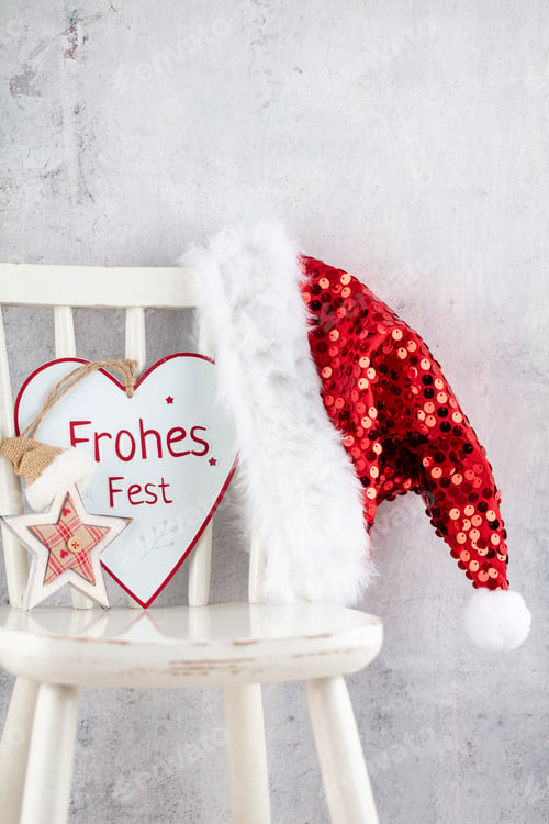 Preview: Christmas Decoration, Santa Claus Hat And Wooden Chair.