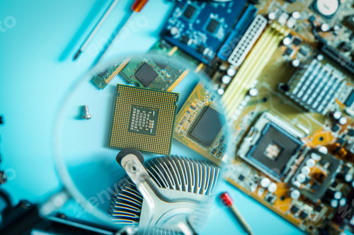 Preview: Chipset on blur electronic circuit board of PC motherboard. CPU chip. Electronic components of compu