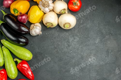 Preview: top view fresh vegetables on dark background diet ripe color salad meal food health