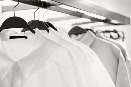 Preview: White and gray shirts on hangers in fashion store. Color of the year concept