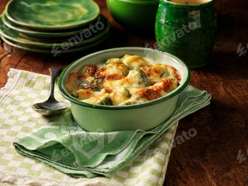 Preview: High angle view of broccoli and cheese bake in oval dish
