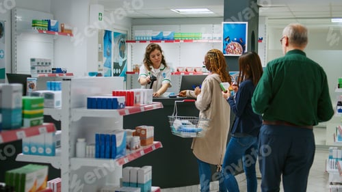 Preview: Diverse customers paying for medicaments and drugs