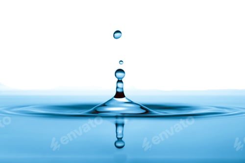Preview: Closeup of a blue liquid drop falling into water on a white background