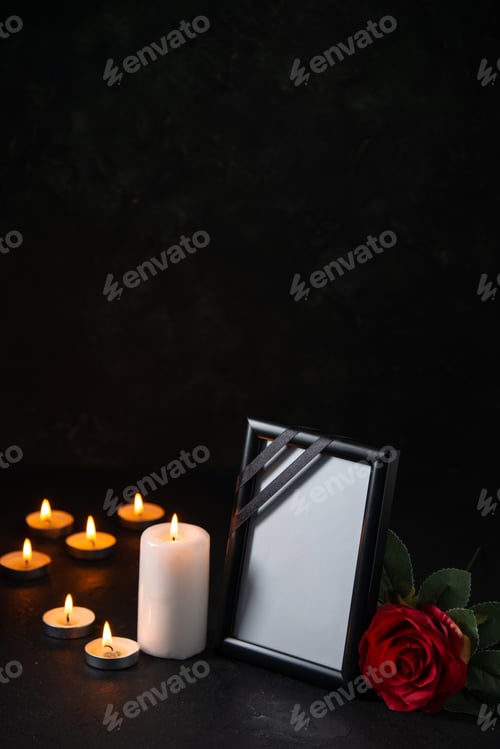 Preview: front view of burning candles with empty picture frame on dark surface evil death funeral war