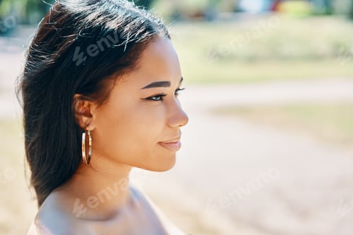 Preview: African beautiful woman profile view portrait with copy space