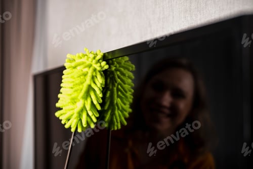 Preview: Woman using lime green microfiber duster to clean television screen edge