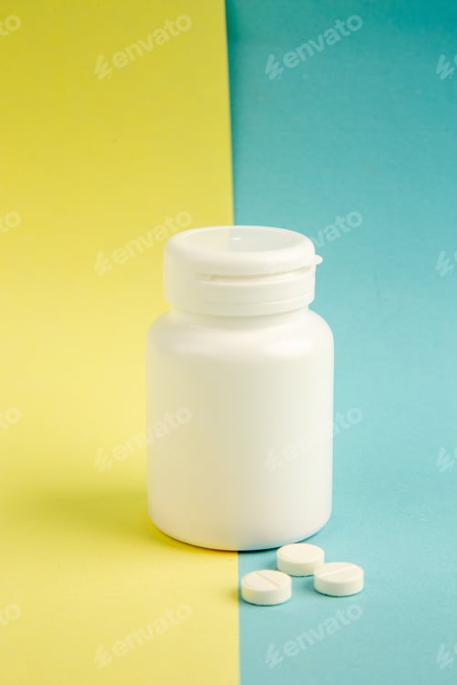Preview: front view plastic can with pills on yellow-blue background virus pandemic color health lab covid-