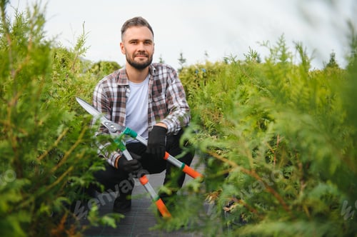 Preview: A young gardener cuts a tree with scissors. Gardening and tree shop concept
