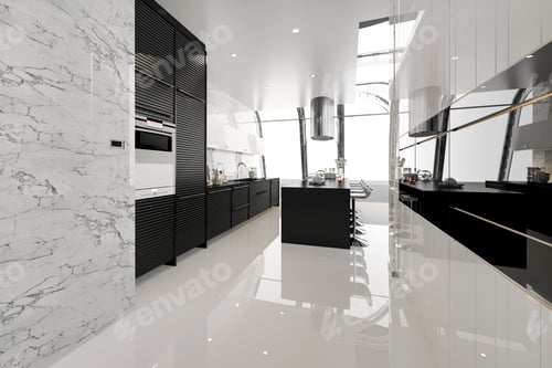 Preview: 3d rendering modern black kitchen with modern wood built in