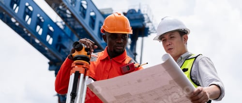 Preview: Surveyors and engineers use a theodolite and plans to measure and check construction.