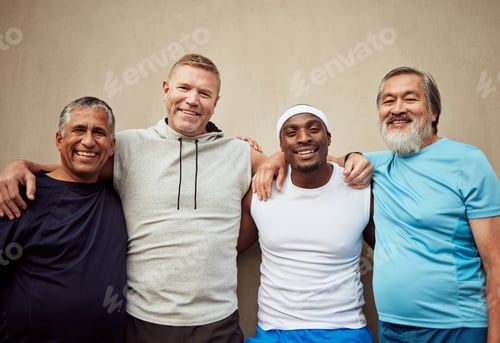 Preview: Happy men, exercise group and portrait in city on wall background outdoor. Smile, fitness and matur