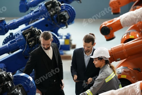 Preview: Robotics engineer working on maintenance of robotic arm in factory warehouse. Business technology.