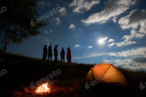 Preview: Back view silhouettes of young people raised up bottles under the blue sky with bright sun