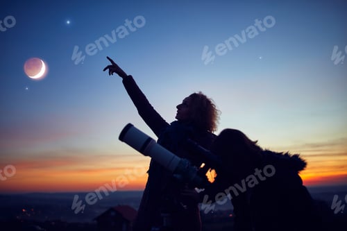 Preview: Mother And Daughter Observing Stars, Planets, Moon And Night Sky With Astronomical Telescope.