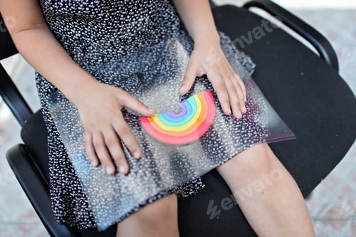 Preview: Child hands holding rainbow made from plasticine over blue background