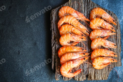 Preview: Shrimp Ready To Eat Boiled Seafood Menu Concept Serving Size. Food Background Top View Copy Space