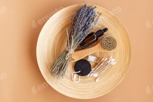 Preview: set of natural organic cosmetics with lavender essential oil and bathroom accessories
