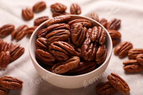 Preview: Tasty pecan nuts with bowl on beige cloth, closeup