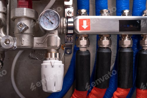 Preview: Complex residential heating manifold system with valves, gauges, and piping network