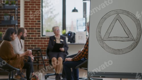 Preview: Close up of aa meeting sign on white board in office used for group therapy in circle