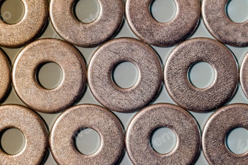 Preview: Joiner's accessories. Stacks of metal screw washers isolated on