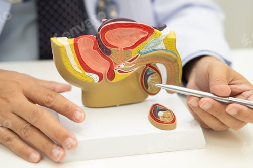Preview: Male reproductive system, Asian doctor holding human anatomy model