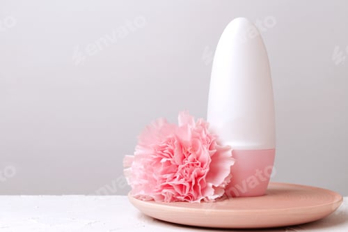 Preview: Deodorant and flower on pink background with copy space. Body care template