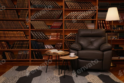 Preview: Cozy home library interior with leather armchair and collection of vintage books on shelves