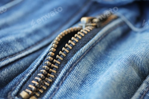 Preview: Closeup of metal zipper on denim jeans,