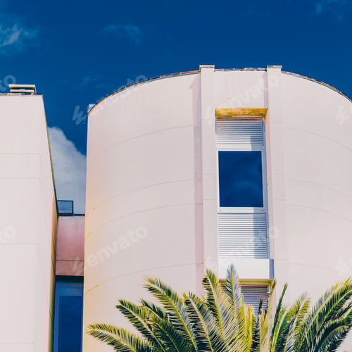 Preview: Tropical island location. Palm trees and purple sky. Minimal des