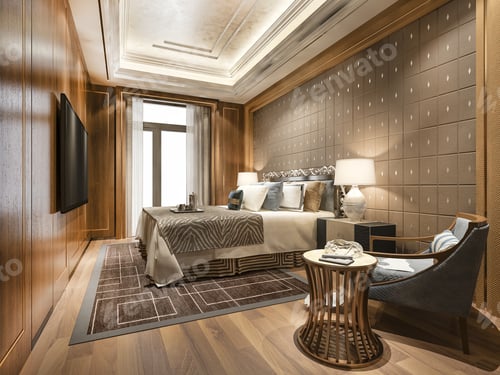 Preview: 3d rendering beautiful luxury bedroom suite in hotel with tv and working table
