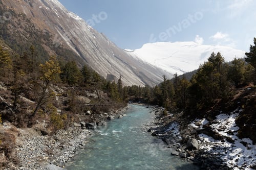 Preview: Turquoise river flowing through a mountain valley in the himalayas of nepal.