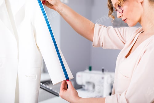 Preview: Tailor measuring lady jacket on mannequin at fashion design workshop
